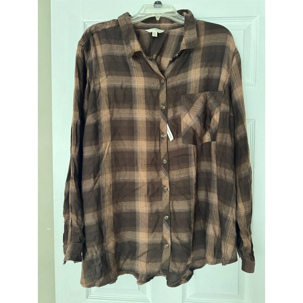 Terra & Sky Womens 3X Chocolate Brown Shadow Plaid Viscose Button Down Shirt NWT